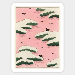 19th Century Japanese Pink Sky and Birds Illustration Sticker